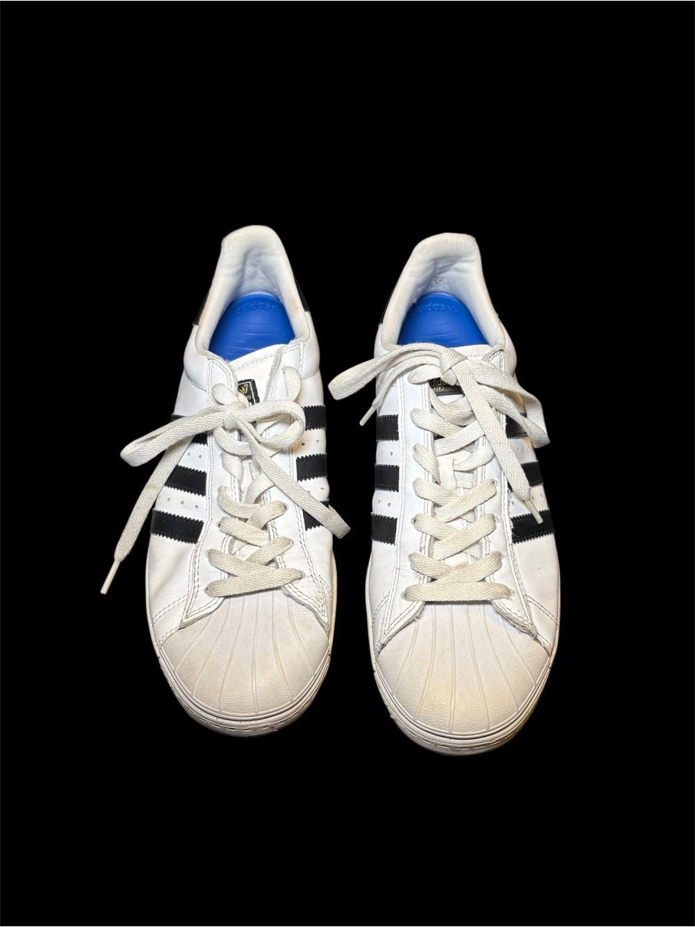 adidas White Sneakers with Black Stripes and Blue Heel Lining